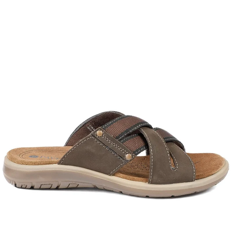 Leather Cross Strap Slip On Sandals - DDIN43010 / 329 105 - Brown