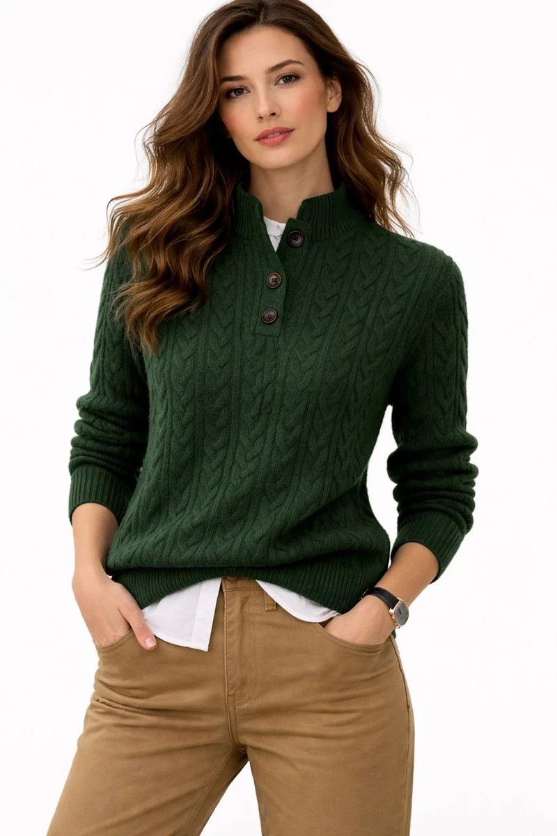 Marlene | Klassischer Zopfstrickpullover Mit Knopfkragen Für Damen