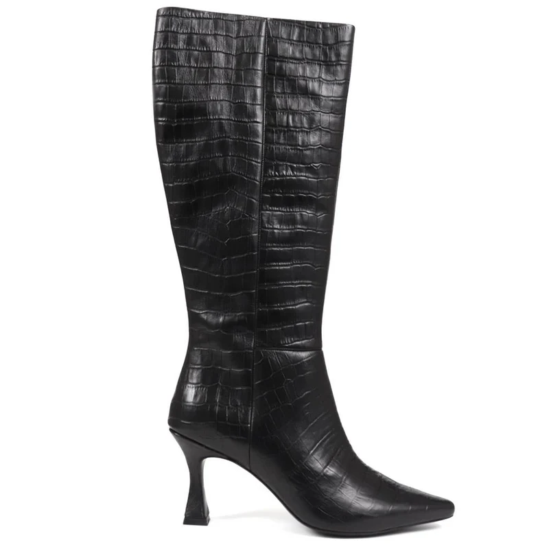 Knee-High Leather Heeled Boots - SIBILLA / 324 558 - Black Croc