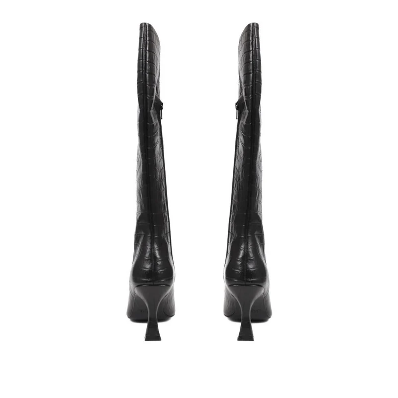 Knee-High Leather Heeled Boots - SIBILLA / 324 558 - Black Croc