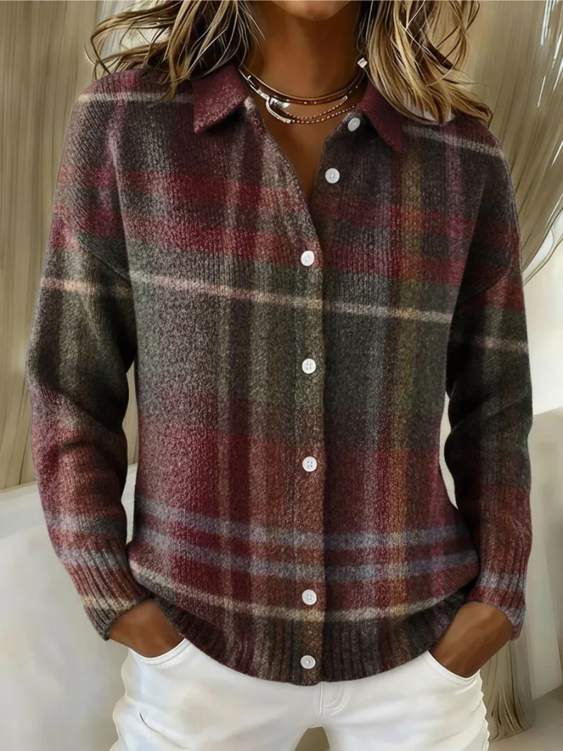 Christin | Kariert Strickjacke Mit Knopfleiste Für Damen