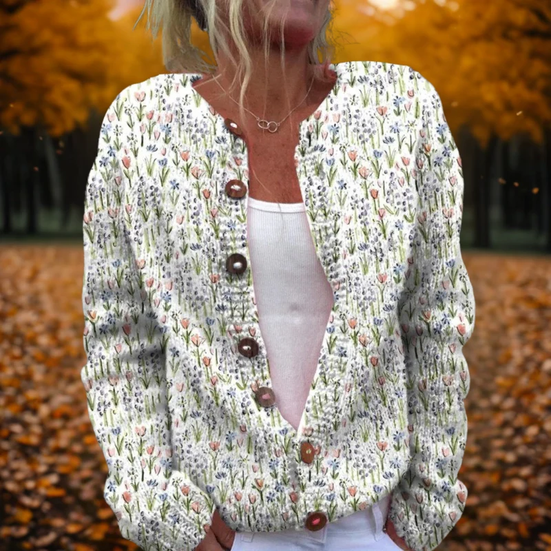 Michelle | Künstlerische Frühlings-Strickjacke Mit Blumenprint