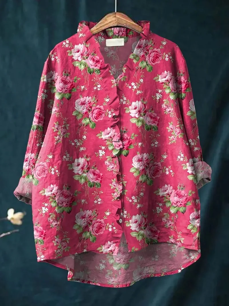 Evelyn | Romantische Blumen Leinenbluse Mit Rüschen Für Damen