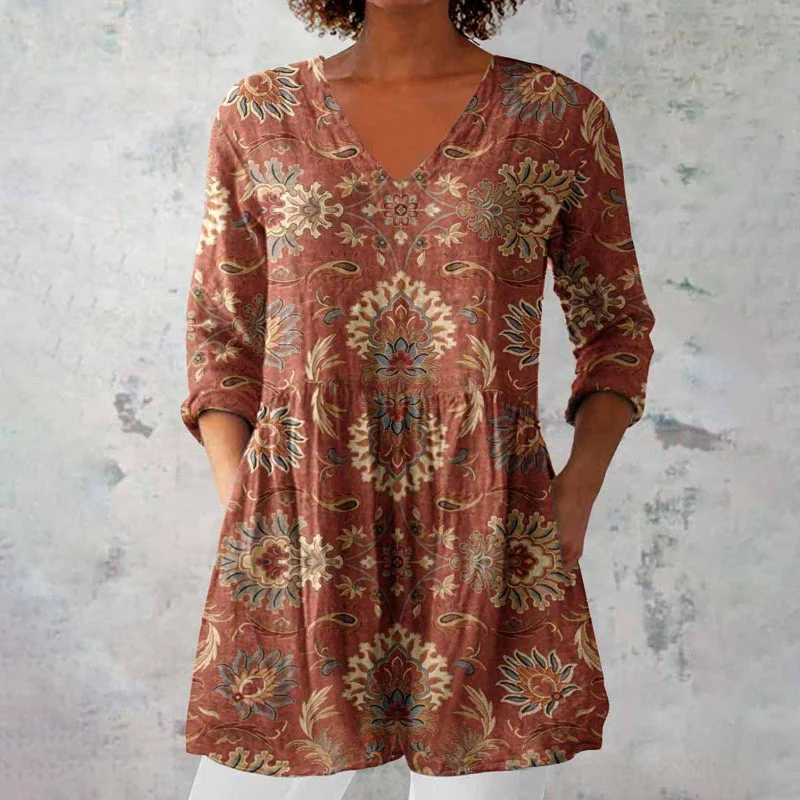 Serena | Bedruckte Boho-Tunika Top Mit Femininem V-Ausschnitt