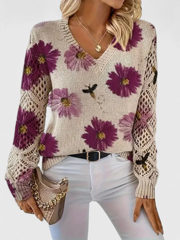 Katrin | Eleganter Blumen-Strickpullover Mit V-Ausschnitt