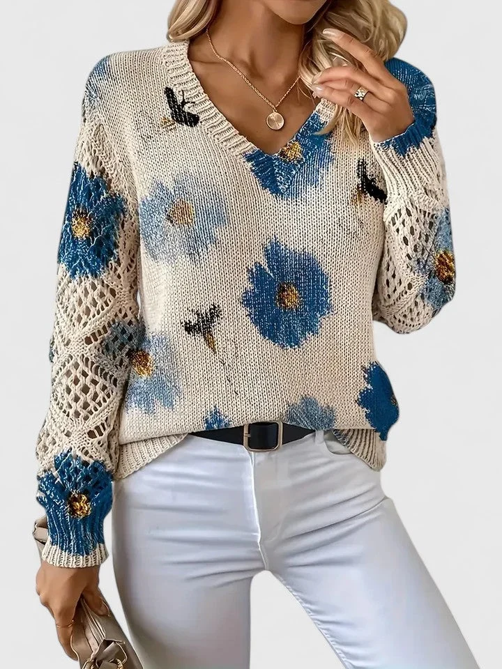 Katrin | Eleganter Blumen-Strickpullover Mit V-Ausschnitt