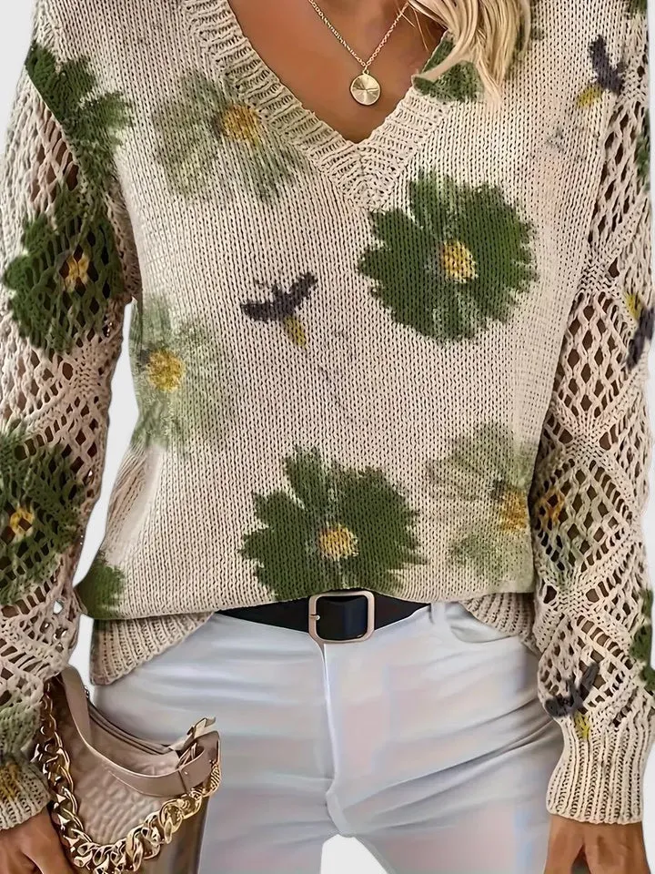 Katrin | Eleganter Blumen-Strickpullover Mit V-Ausschnitt