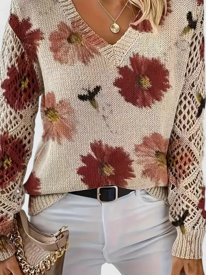 Katrin | Eleganter Blumen-Strickpullover Mit V-Ausschnitt