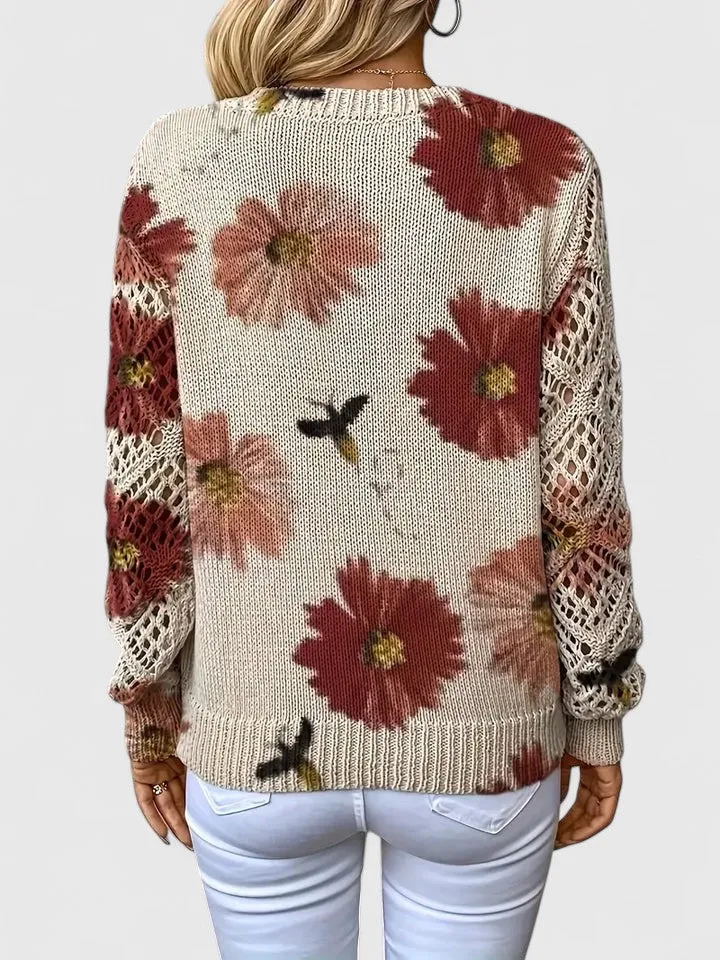 Katrin | Eleganter Blumen-Strickpullover Mit V-Ausschnitt