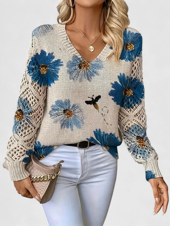 Katrin | Eleganter Blumen-Strickpullover Mit V-Ausschnitt