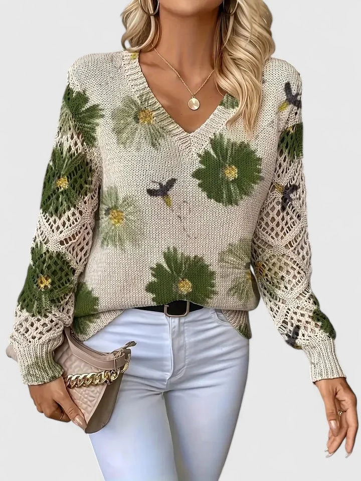 Katrin | Eleganter Blumen-Strickpullover Mit V-Ausschnitt