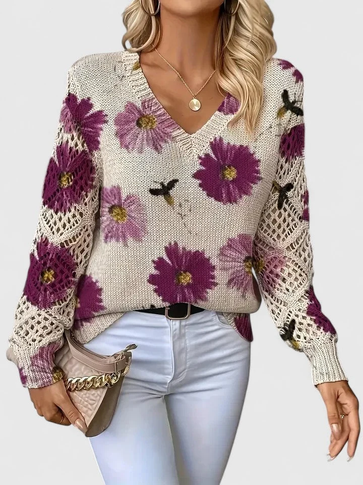 Katrin | Eleganter Blumen-Strickpullover Mit V-Ausschnitt