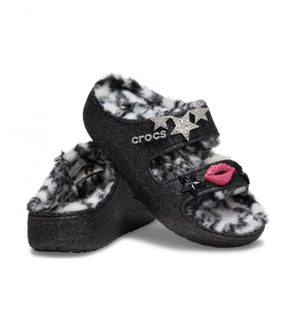 Crocs Unisex Klassische Cozzzy Disco Sandale mit Glitzerfutter - Schwarz