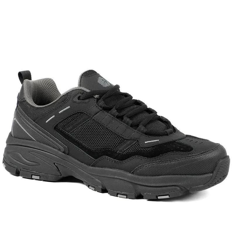 Extra Wide Leather Memory Foam Lace Up Trainers - BOJIE43019 / 329 260 - Black-Black