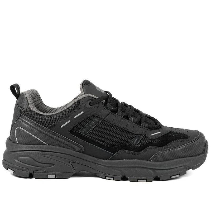 Extra Wide Leather Memory Foam Lace Up Trainers - BOJIE43019 / 329 260 - Black-Black