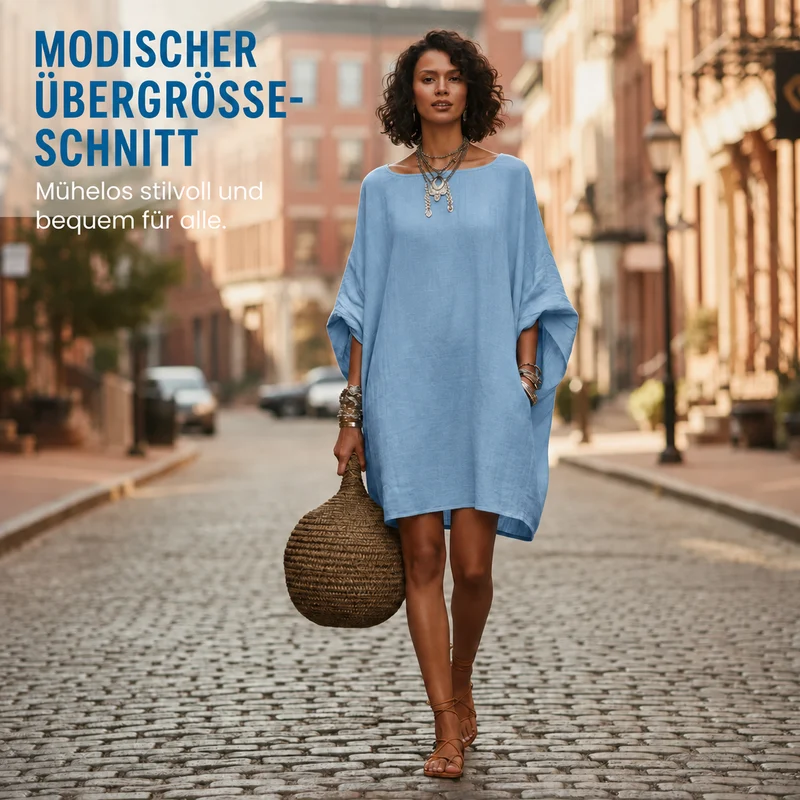 Ozee | Übergröße-Kleid aus Baumwoll-Leinen mit Fledermausärmeln