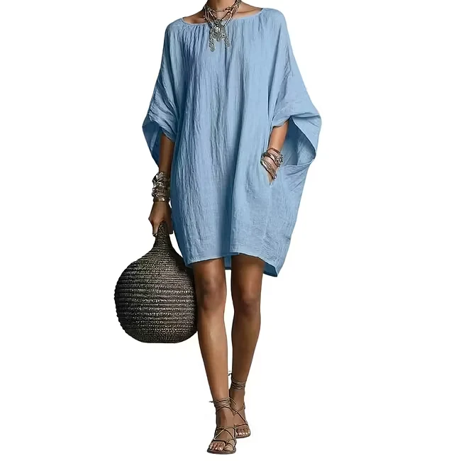 Ozee | Übergröße-Kleid aus Baumwoll-Leinen mit Fledermausärmeln