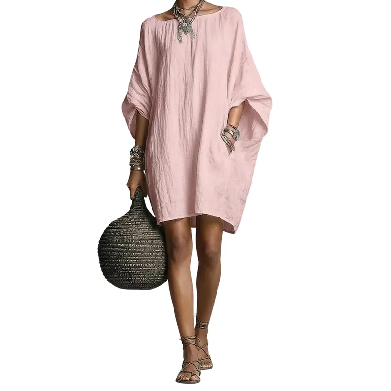 Ozee | Übergröße-Kleid aus Baumwoll-Leinen mit Fledermausärmeln