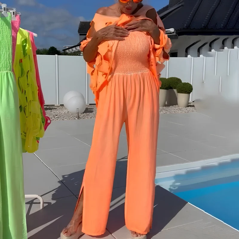 Jeshaly | Schulterfreies Jumpsuit-Set mit dekorativem Übertop