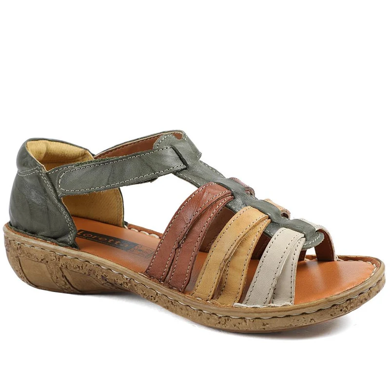 Loretta Leather Touch Fasten Sandals - HAK43000 / 329 237 - Khaki Multi