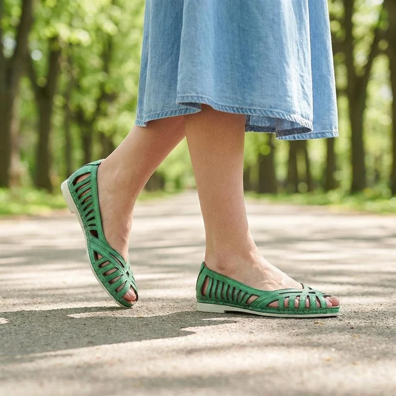 Leather Cut Out Peep Toe Flats - KARY43003 / 329 013 - Green