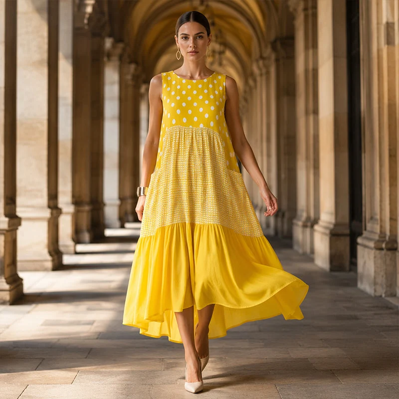Delza | Ärmelloses Patchwork-Midikleid mit verschiedenen Mustern