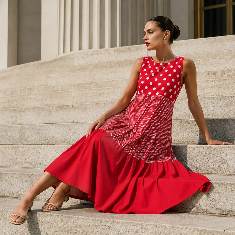 Delza | Ärmelloses Patchwork-Midikleid mit verschiedenen Mustern
