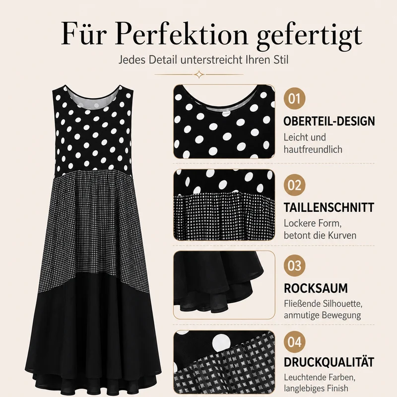 Delza | Ärmelloses Patchwork-Midikleid mit verschiedenen Mustern