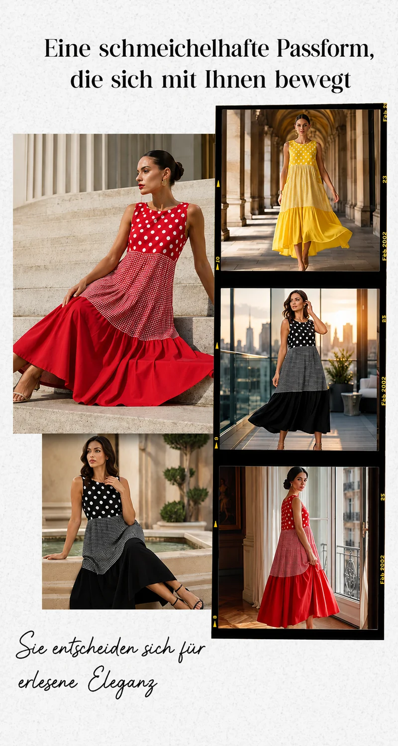 Delza | Ärmelloses Patchwork-Midikleid mit verschiedenen Mustern