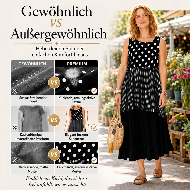 Delza | Ärmelloses Patchwork-Midikleid mit verschiedenen Mustern