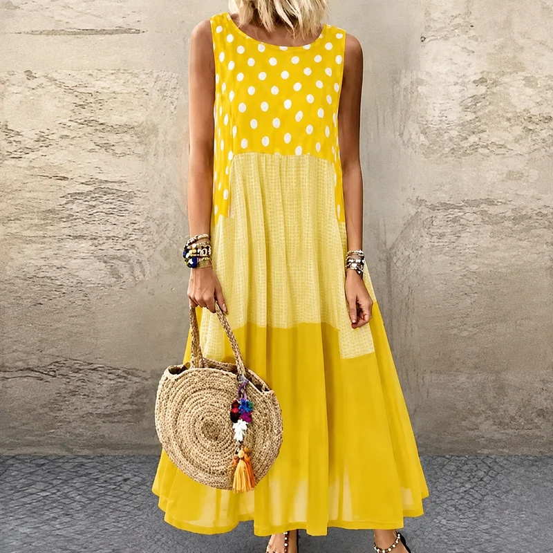 Delza | Ärmelloses Patchwork-Midikleid mit verschiedenen Mustern