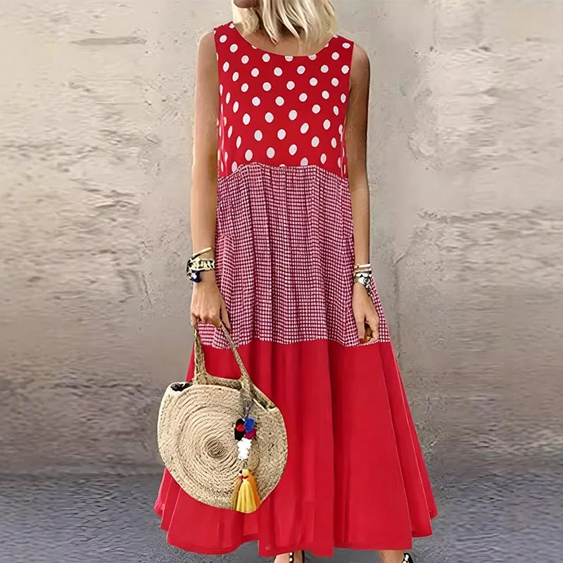 Delza | Ärmelloses Patchwork-Midikleid mit verschiedenen Mustern