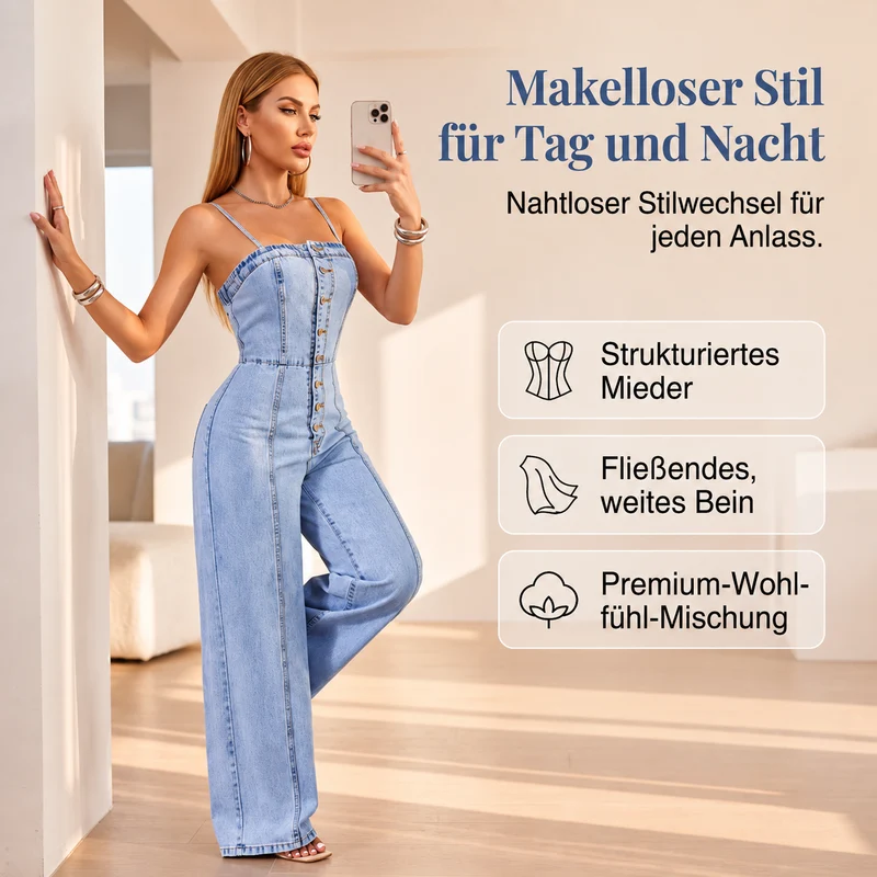 Rafuzzae | Weiter Denim-Jumpsuit mit Spaghettiträgern