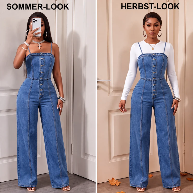 Rafuzzae | Weiter Denim-Jumpsuit mit Spaghettiträgern
