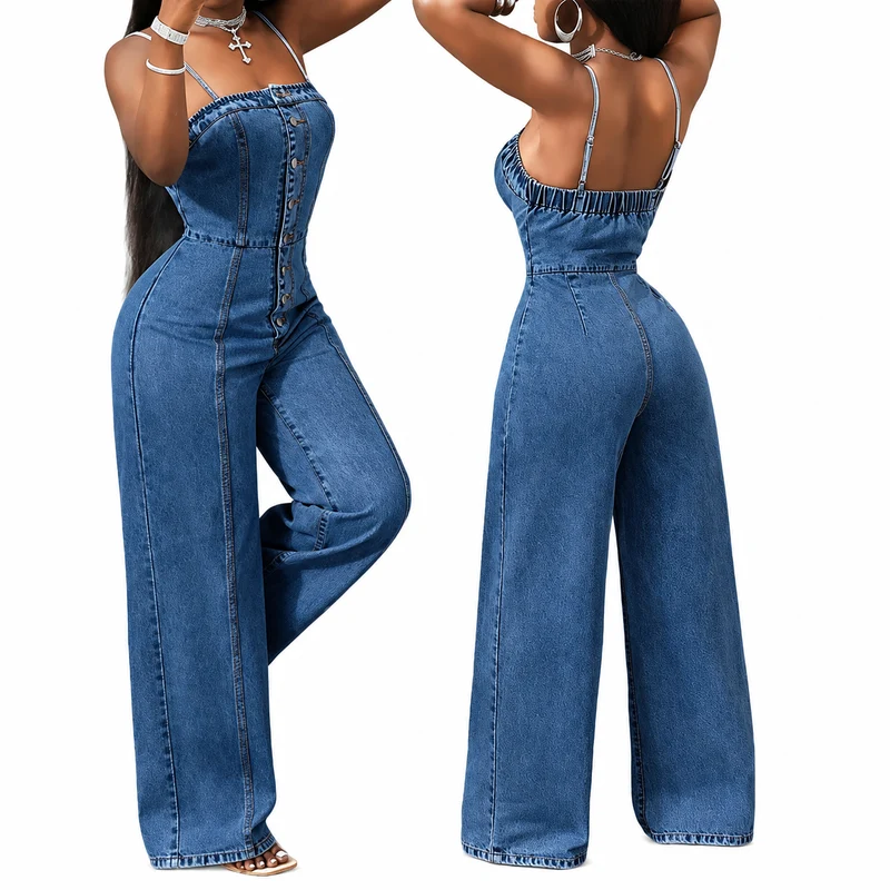 Rafuzzae | Weiter Denim-Jumpsuit mit Spaghettiträgern