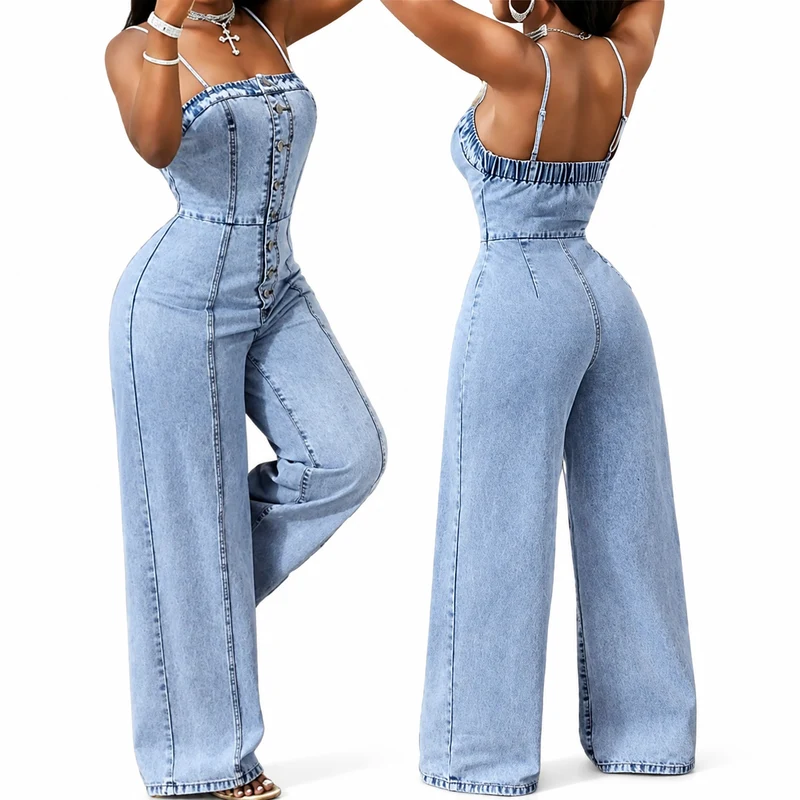 Rafuzzae | Weiter Denim-Jumpsuit mit Spaghettiträgern