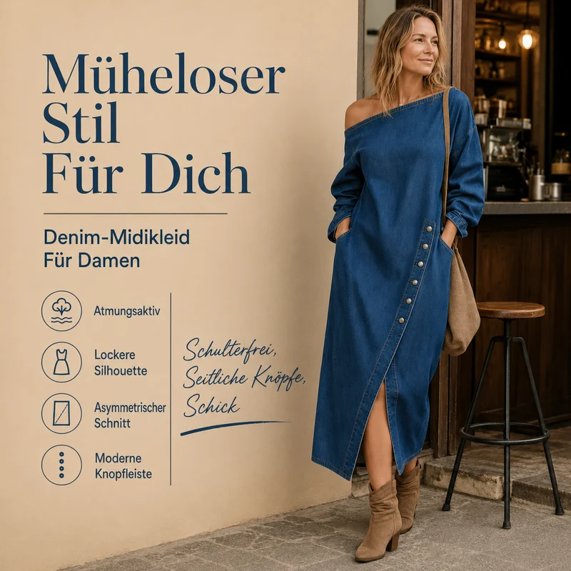Irmelin | Schulterfreies Denim-Midikleid mit seitlichen Knöpfen