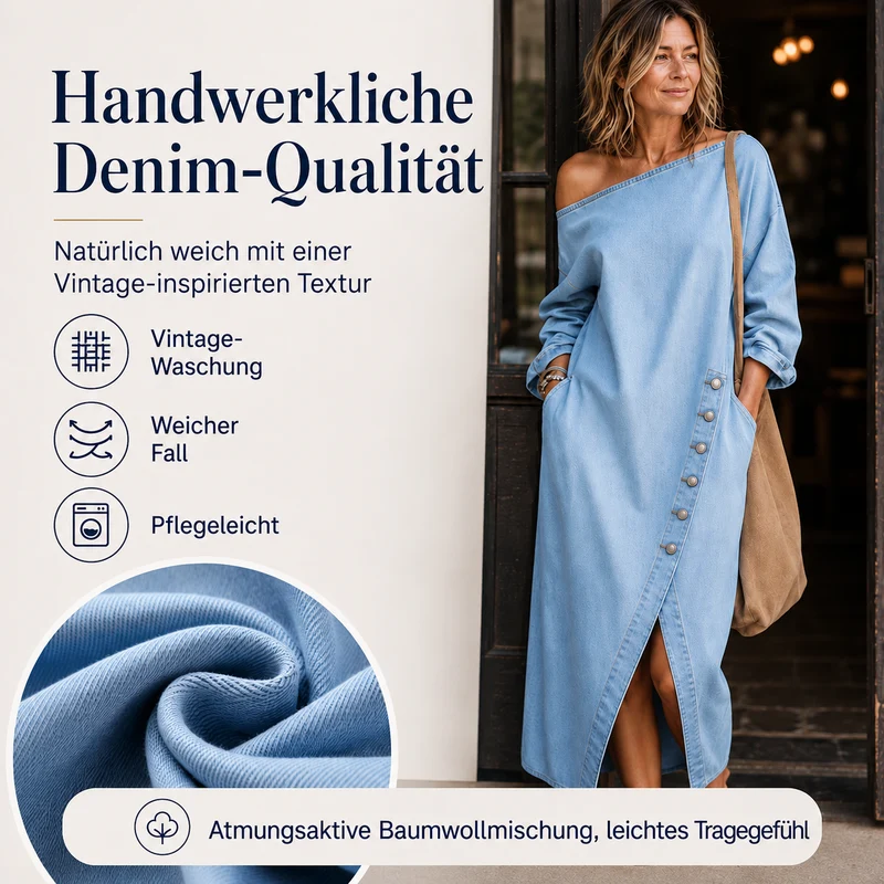 Irmelin | Schulterfreies Denim-Midikleid mit seitlichen Knöpfen