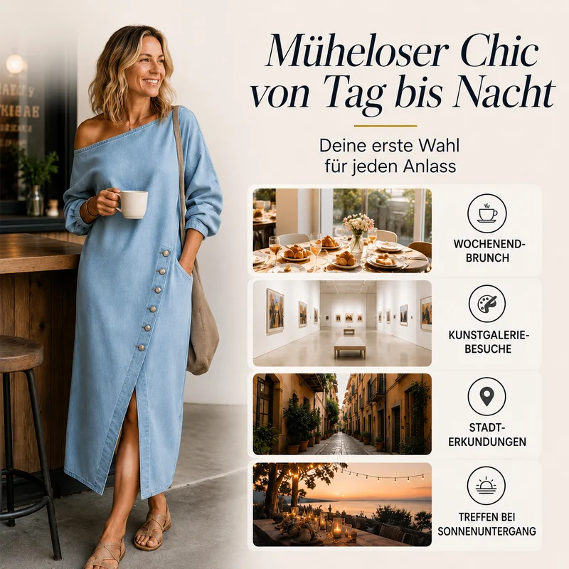 Irmelin | Schulterfreies Denim-Midikleid mit seitlichen Knöpfen