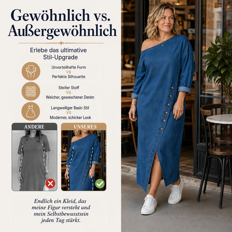 Irmelin | Schulterfreies Denim-Midikleid mit seitlichen Knöpfen