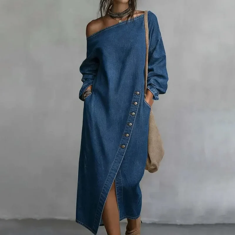 Irmelin | Schulterfreies Denim-Midikleid mit seitlichen Knöpfen