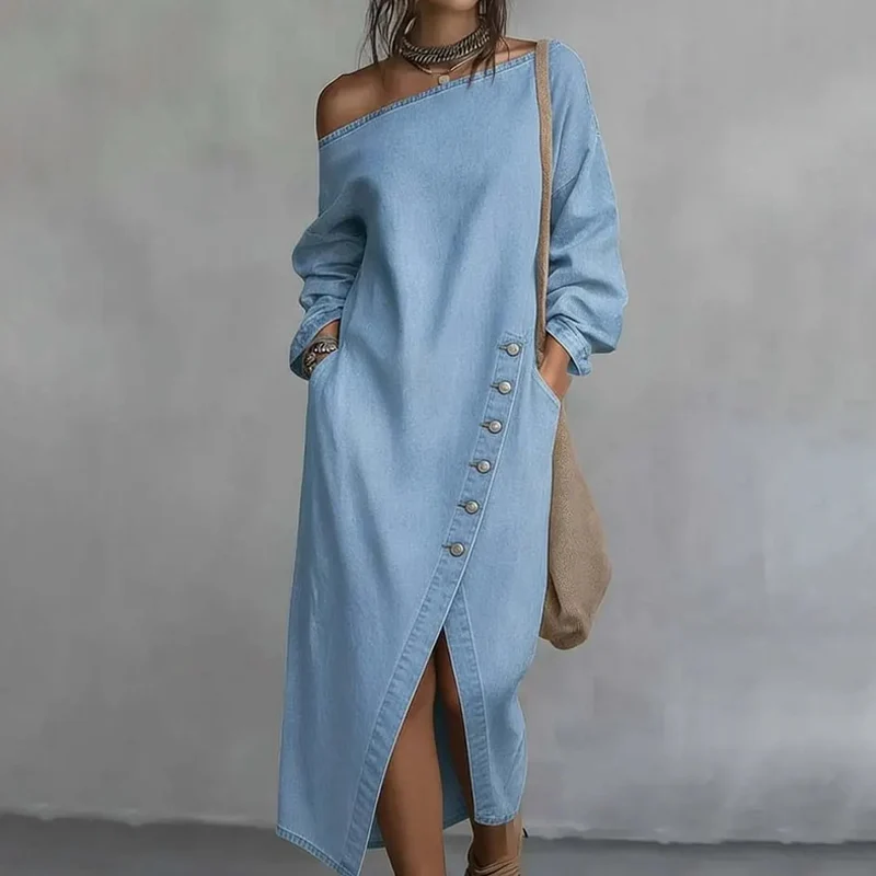 Irmelin | Schulterfreies Denim-Midikleid mit seitlichen Knöpfen
