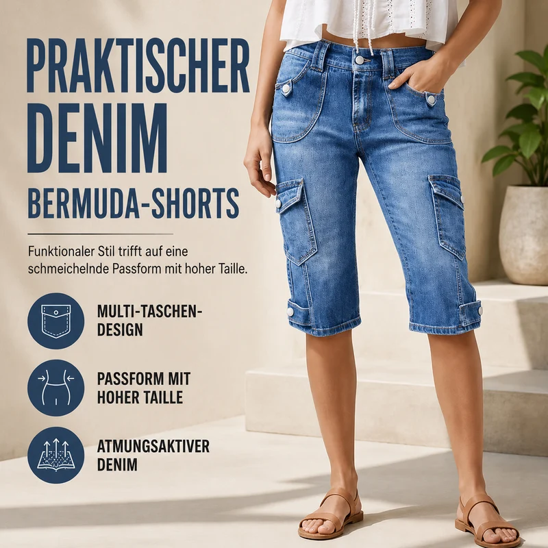Philine | Hoch taillierte Denim-Cargo-Bermudashorts