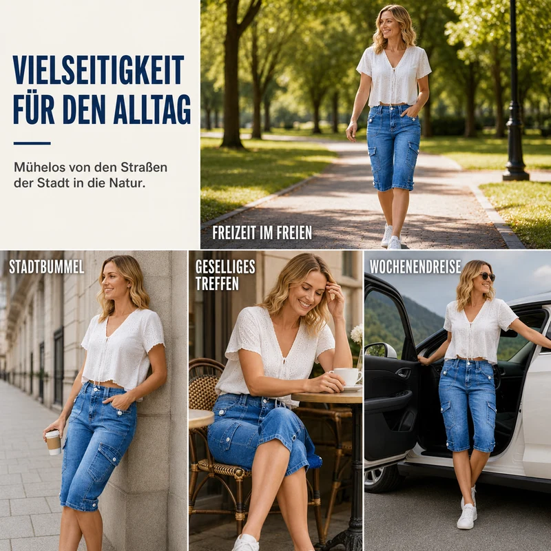 Philine | Hoch taillierte Denim-Cargo-Bermudashorts