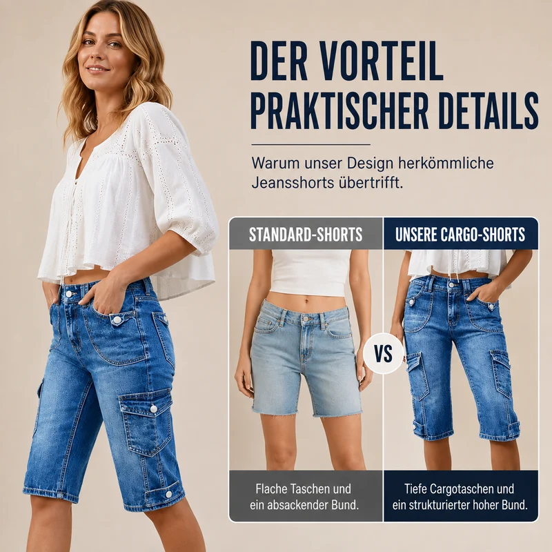 Philine | Hoch taillierte Denim-Cargo-Bermudashorts