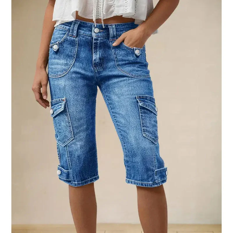 Philine | Hoch taillierte Denim-Cargo-Bermudashorts