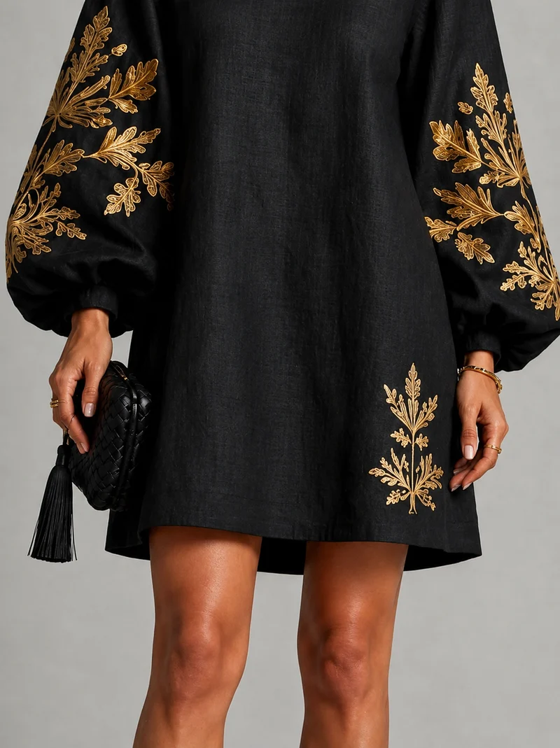 Eisele | Lockeres schwarzes Minikleid mit goldenen Blumendetails