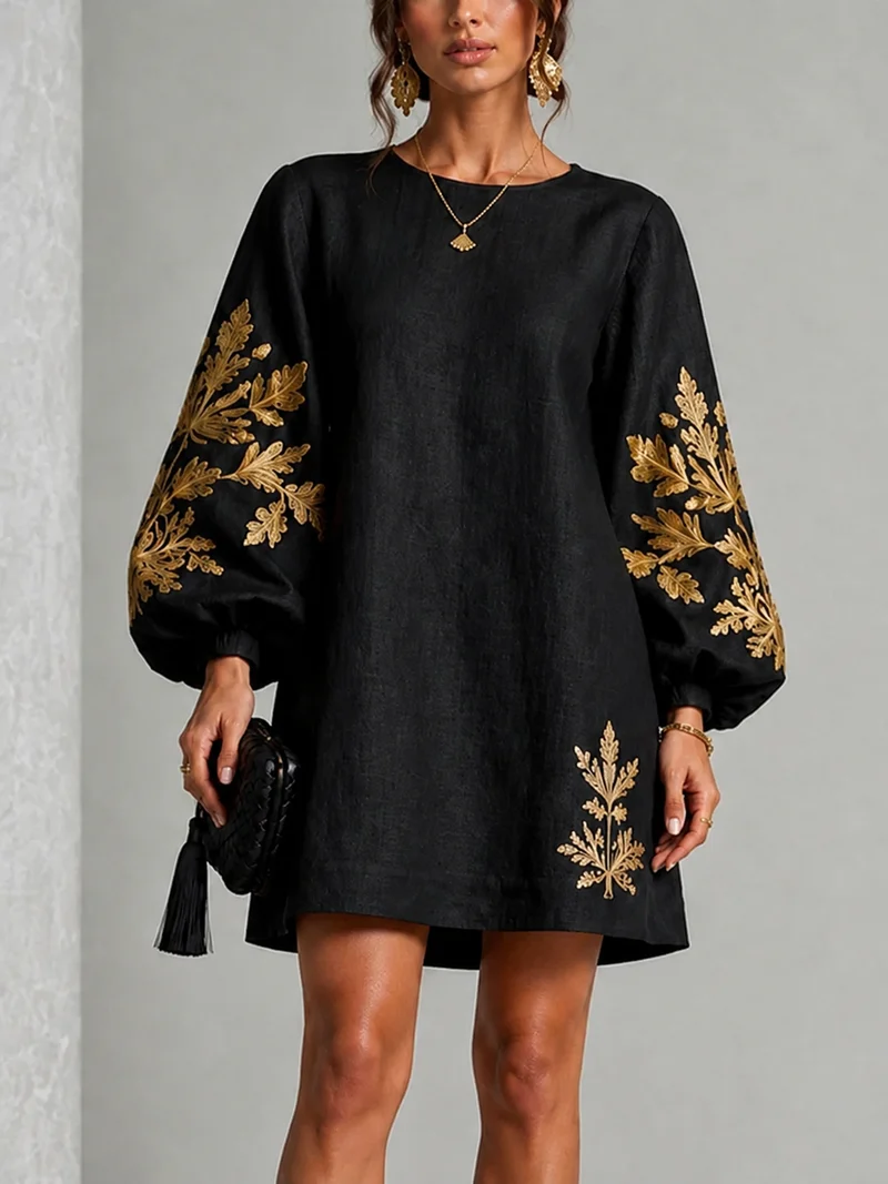 Eisele | Lockeres schwarzes Minikleid mit goldenen Blumendetails