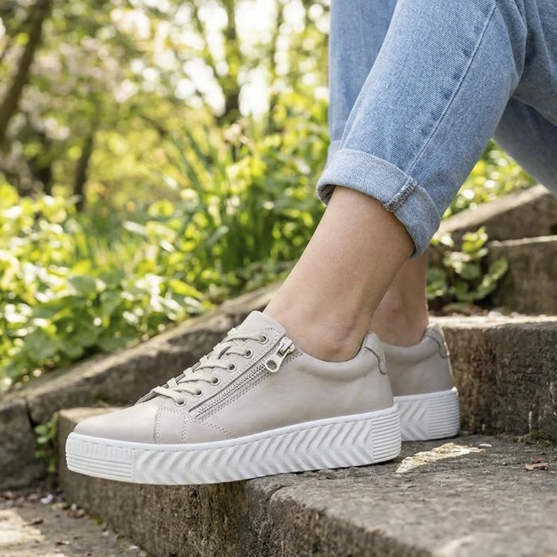 Wide Fit Leather Breathable Platform Trainers - BRK43000 / 328 558 - Stone