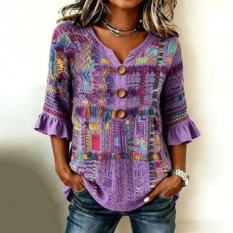Lavendria | Vintage-Patchwork-Bluse mit gerüschten Halbärmeln